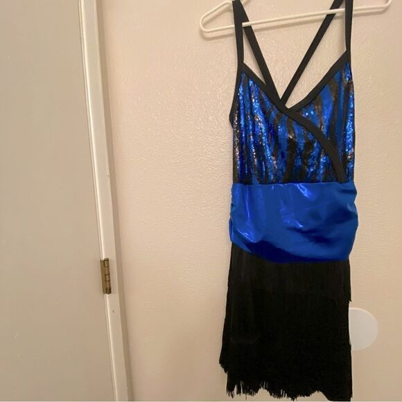 Weissman Dance costume black fringe flapper sequin blue 5361 Adult XLA - Picture 2 of 13